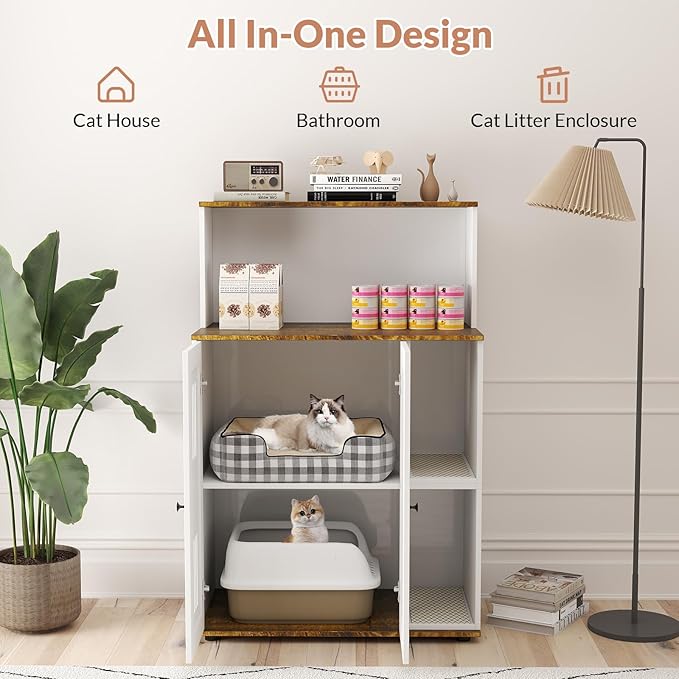 Rovibek Cat Litter Box Enclosure for 2 Cats, Litter Boxes Furniture Hidden with Storage, Cat Litter Cabinet with Scratch Mat, Fit Most of Litter Box, White