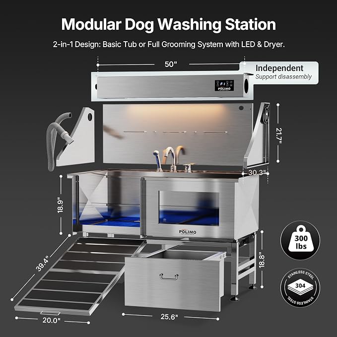 POLIMO Dog Washing Station with Built-in Pet Dryer and LED Display 50" (Left Ramp), 304 Stainless Steel Dog Bathtub for Large Medium Small Dogs, Wash and Dry Grooming Tub with Faucet, Storage Drawer