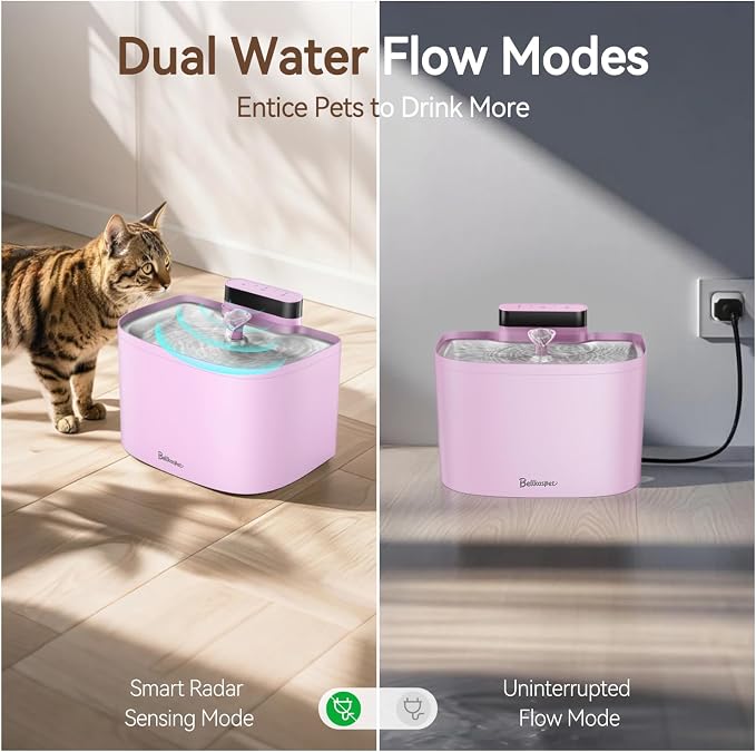 Cat Water Fountain, 122oz/3.6L Pumpless Wireless Cat Fountain, Cordless Water Fountains for Cats Indoor, Battery Operated Dog Pet Water Fountain with Stainless Steel Tray (Pink, Fountain+2 Fliters)