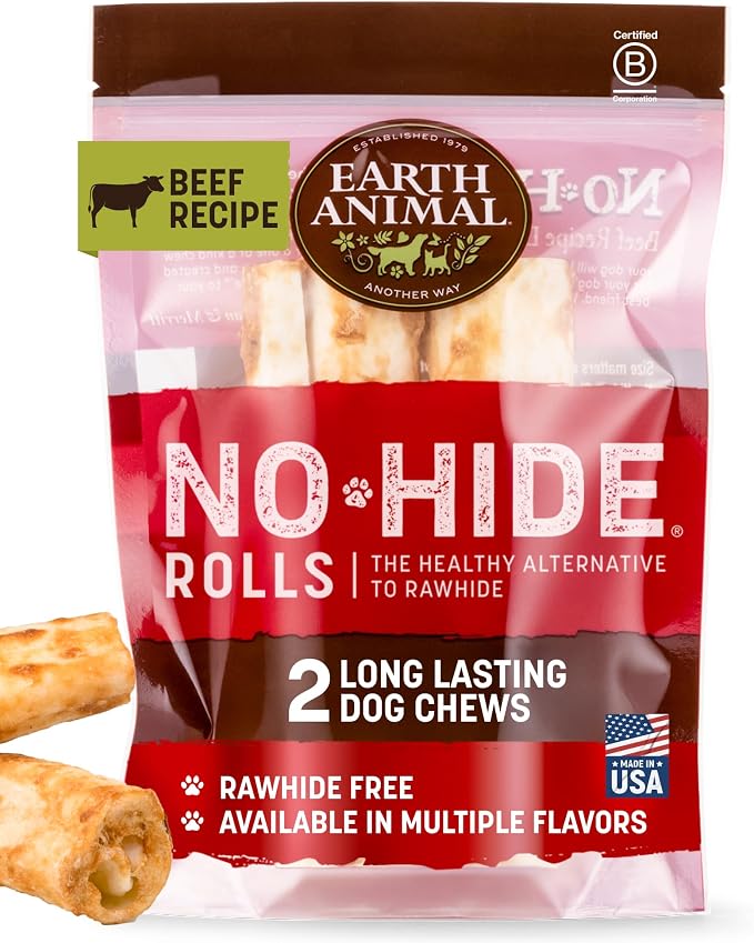 Earth Animal No Hide Chews - Long Lasting Rawhide Free Medium Dog Chews Rolls, Beef - 2 Count