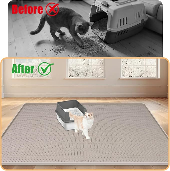 Silicone Cat Litter Mat, 47" x 35" Extra Large Litter Trapping Mat for Litter Box, Leak-Proof, Non-Slip, Kitty Litter Mats with Soft Texture for Floor, Keeping The Floor Clean (Khaki)