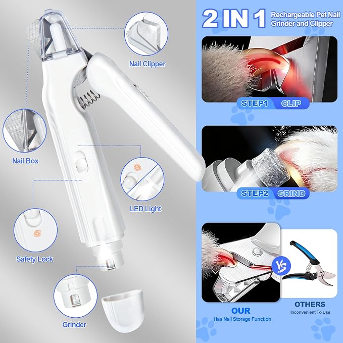 2-in-1 Dog Nail Clippers with Light - Electric Pet Nail Grinder Quiet for Small Large Dogs & Cats, LED Prevent Over Cutting, USB-C Rechargeable Safety Guard Grooming Kit for Black Nails-3VX