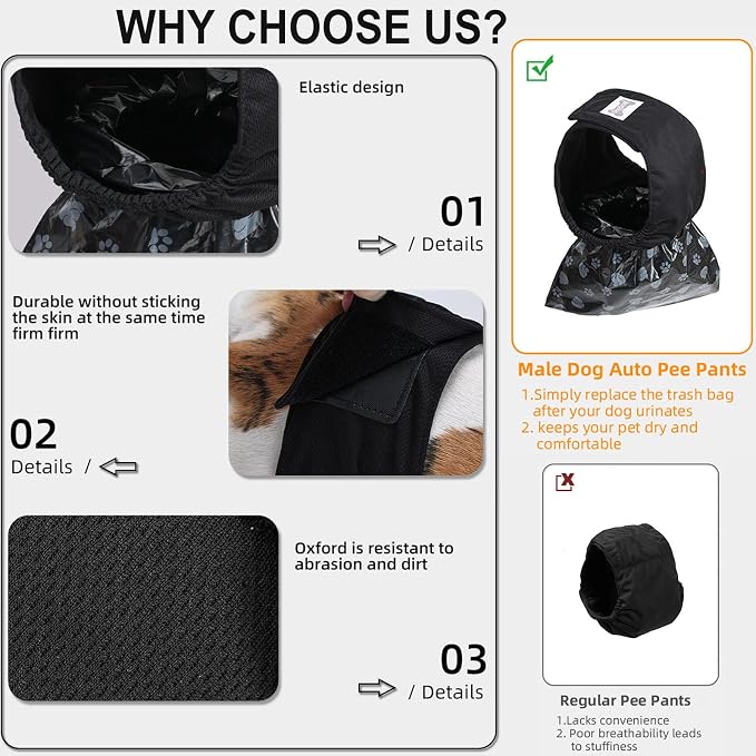 HDKUW Reusable Male Dog Diapers with 50pcs Waste Bags, Adjustable Leak-Proof Dog Sanitary Pants for Incontinence & Indoor Walking, Dogs Pee Collection Pants for Senior Disability Dogs M
