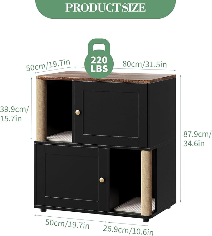 2-Tier Wooden Cat Litter Box Enclosure, Hidden Privacy Cabinet for 2 Cats, Space-Saving Indoor Pet House End Table with Built-in Scratching Post