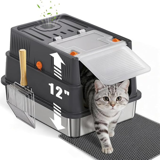 Stainless Steel Litter Box with Lid: Enclosed Cat Litter Box for Small Cats & Kitten, Metal Kitty Litter Pan with High Sided Enclosure, Include Scoop & Mat, Odor Control, Anti-Leakage