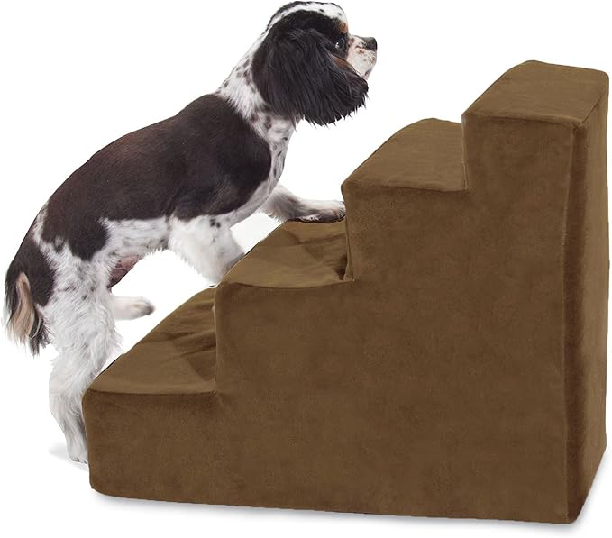 Majestic Pet 4 Step Portable Dog Stairs for Small Dogs to get on Bed Supports 250 lbs or Less – Dog Steps for High Bed with Machine Washable Cover –Pet Stairs for Cats Suede Chocolate
