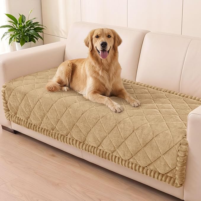 Smiry Couch Cover for Dogs, Non Slip Washable Pet Sofa Protector for Large Dogs, Cats, Fuzzy Plush Sofa Covers for 2 Cushion Couch, Against Fur, Dirt & Scratch Resistant, Camel, 35.4"×63"