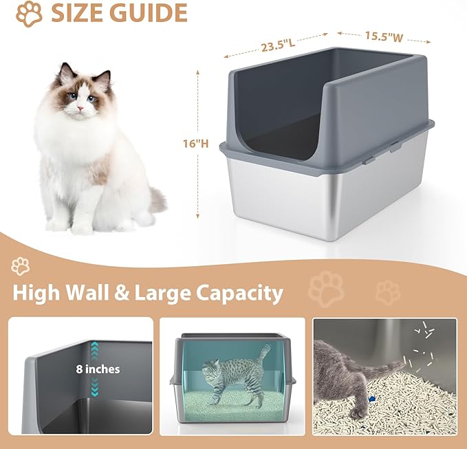 Stainless Steel Cat Litter Box with Lid, Covered Litter Box for Large Cats, 16" High Sides Enclosed Cat Litter Boxes, Extra Large Litter Box with Grey Lid, XL Metal Litter Pan, Easy to Clean