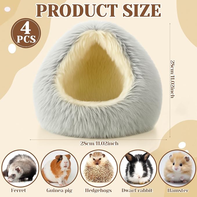 Novabright 4 Pcs Guinea Pig Bed Hooded Cover Hamster Hideout Warm Plush Bunny Washable Anti-Slip Round Cave Beds Cage Accessories for Small Animal Hedgehogs Ferrets Dwarf Rabbits