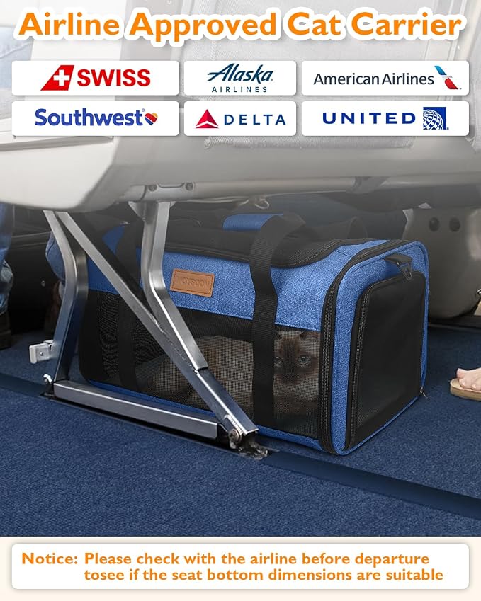 PETUX Airline Approved Pet Carrier for Small Cats up to 12 lb, Blue | 17x11x9.5 in, Underseat, Top & Side Entry, Soft Sided Cat Carrier with Breathable Anti-Scratch Mesh for Travel & Vet