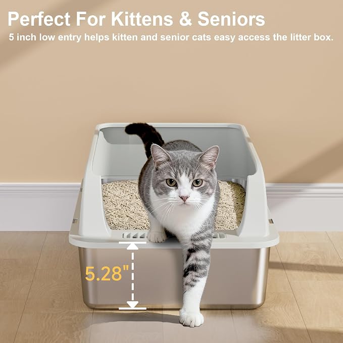 TENTIZON Stainless Steel Cat Litter Box, XL Large Metal Kitty Litterbox with High Side Lids, Litter Mat, Scooper for Big Cats, Kittens, No Odor, No Mess, Leak Proof, Easy Clean, Non Stick