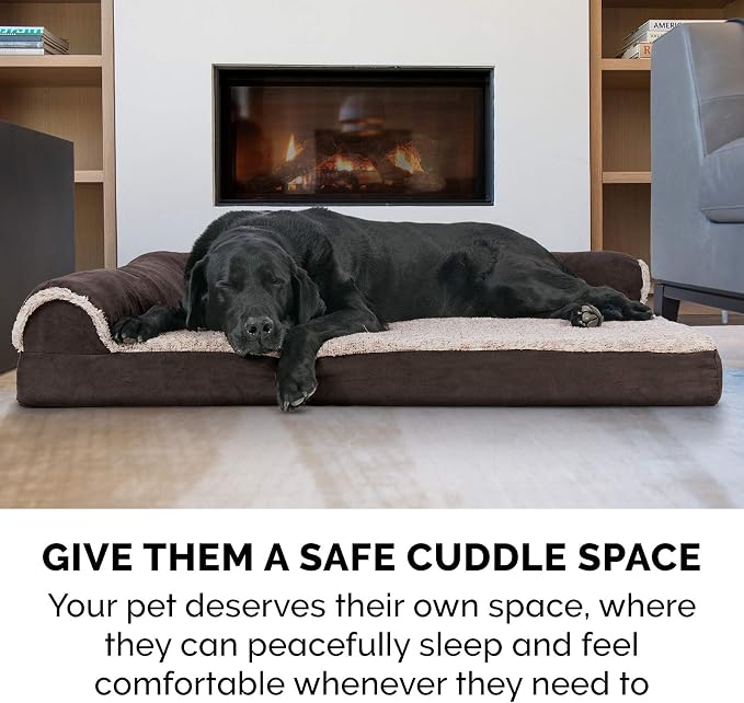 Furhaven Memory Foam Dog Bed for Large Dogs w/ Removable Bolsters & Washable Cover, For Dogs Up to 95 lbs - Two-Tone Plush Faux Fur & Suede L Shaped Chaise - Espresso, Jumbo/XL