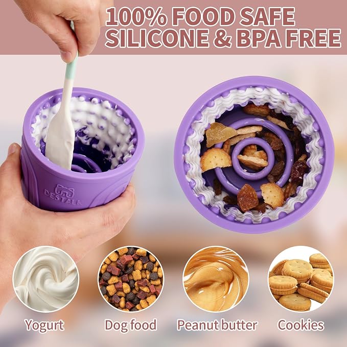 Dog Lick Bowl, Bestalk Anxiety Relief Slow Feeder Dog Lick Mat Treat Dispenser, Non-Slip Dog Licking Bowl Dog Enrichment Toys for Small Medium and Large Breed Dogs, BPA Free Silicone(Purple,S)