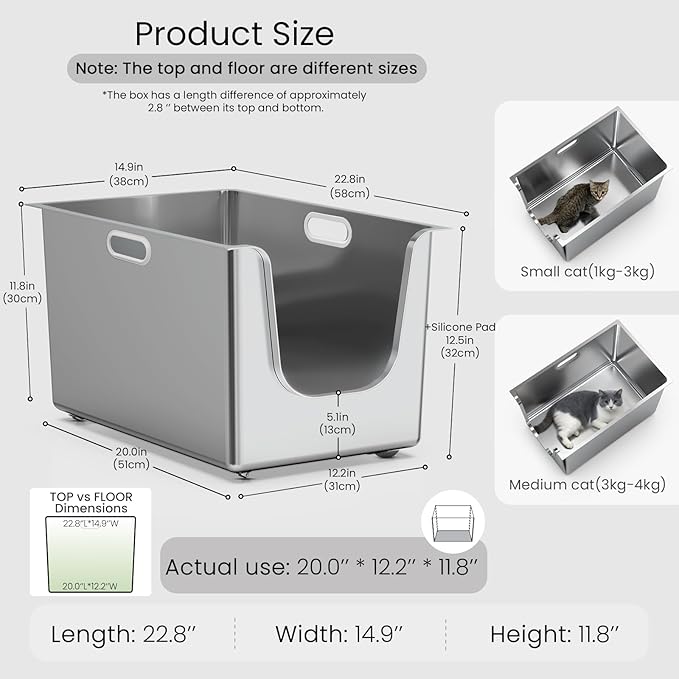 Stainless Steel Litter Box 11.8'' High Sides, XL Metal Cat Litter Box with Curved Low Entry, Cat Litter Pan for Big & Multiple Cats, Pet Toliet with Handy Wheels for Easy Moving