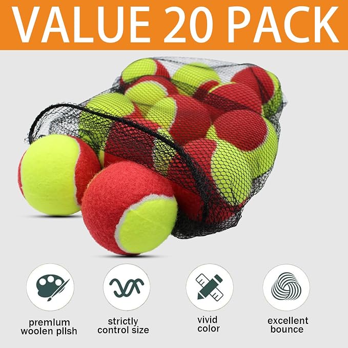 SHYUJAJIE 20 Pack 25%/50%/75% Low Compression Stage Tennis Ball for Beginners Youth Kids Training Practicing Ball with Mesh Bag for Easy Transport