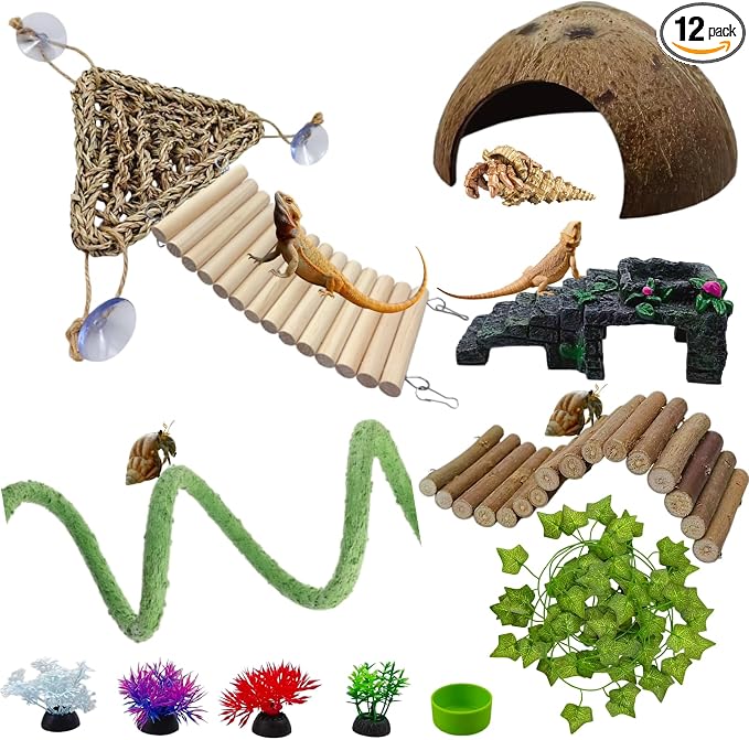 12-in-1 Hermit Crab Accessories Kit, 2026 New Kit for Bearded Dragon, Coconut Shell Hideout, Climbing Bridge, Hammock, Vines & Plants, Reptile Terrarium Decor for Gecko, Lizard, Amphibians