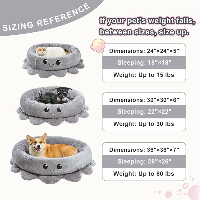 Jiupety Cute Calming Dog Beds Clearance for Large Dogs, Anxiety Bolster Dog Bed with Octopus Shape, Grey, L, Boho, Round Pet Bed Cat with Removable Cushion
