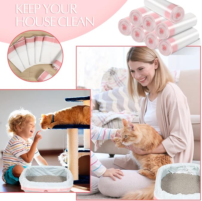 Sabary 80 Cat Litter Box Bags Jumbo Kitty Pan Liners with Drawstring Sturdy Hdpe Material for Cat Pet Waste Litter Box Tray, Pink (36 x 18 Inch)