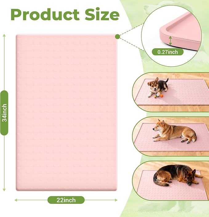 Extra Large 34x22 Inch Machine Washable Silicone Pet Food Mat - Waterproof Dog & Cat Bowl Mat with Raised Edge, Non-Slip Floor Protector for Large Dogs, Multi-Pet Homes (Pink)