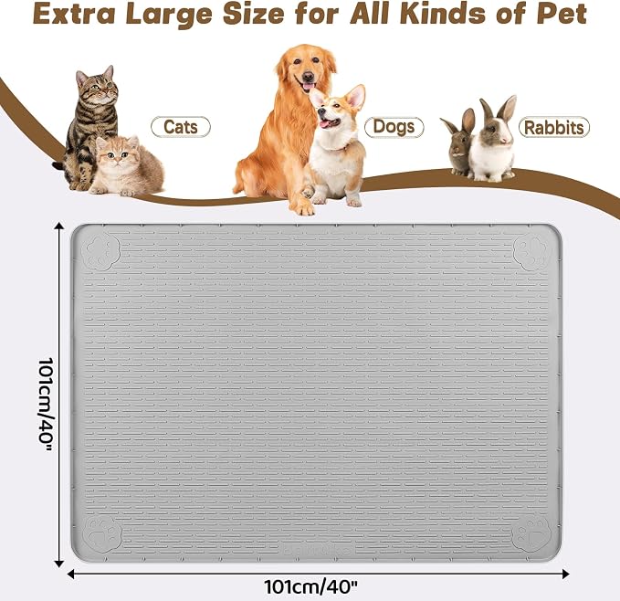 Cat Food Mat, 40" x 40" Extra Large Silicone Pet Feeding Mat with Raised Edge Pet Placemat for Food and Water Bowl Non-Slip, Easy to Clean, Floor Protection (Light Grey)