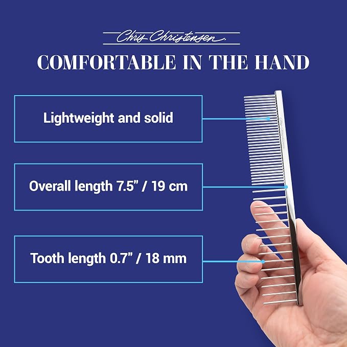 Chris Christensen 003 7.5 in. F/XC Greyhound-Style Butter Comb, Groom Like a Professional, Rounded Corners Prevent Friction and Breakage, Solid Brass Spin with Steel Teeth, Chrome Finish.