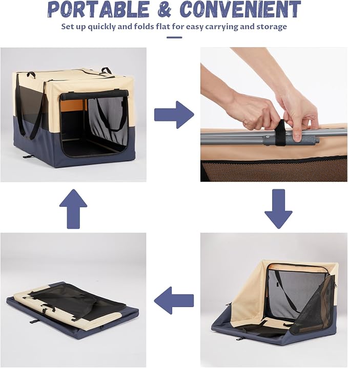PETSFIT 30" Soft Portable Dog Crate – Patented Spiral Sturdy Frame, Collapsible Travel Kennel for Medium Dogs, 3 Mesh Door, Lockable Zippers, Indoor & Car Use Navy Blue