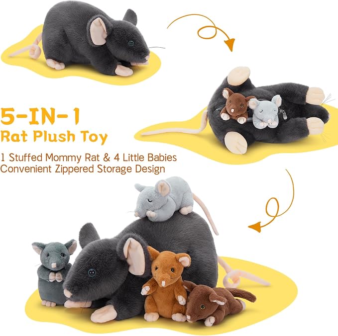 Tezituor 5Pcs Rat Stuffed Animal Set, 24 Inches Large Stuffed Mommy Rat with 4 Baby Rats Inside, Realistic Mouse Family Plush Toy for Kids Christmas Halloween Decoration