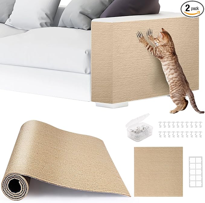 2pack Cat Scratch Couch Furniture and Wall Protector | Adhesive Cat Scratch Pad for Covering Cat Tower, DIY Climbing Cat Scratcher Couch Protector from Cat Claws Scratching (Beige)