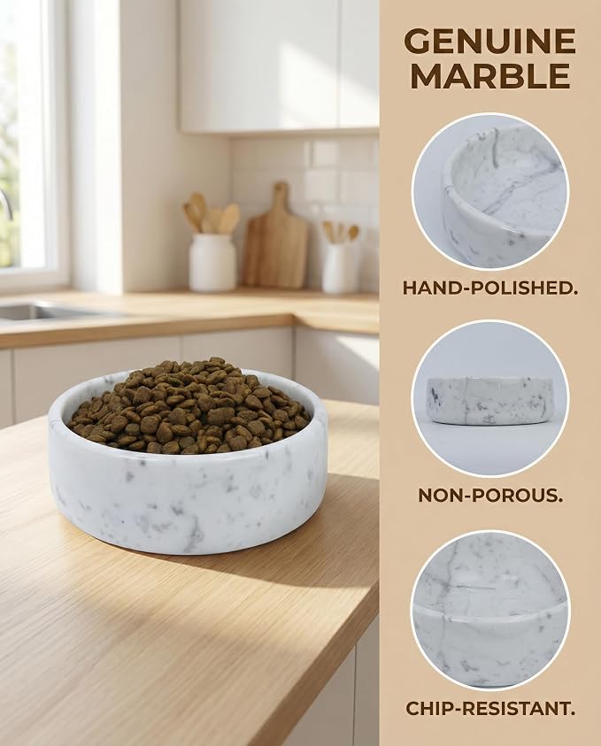 OOBOOB Natural Marble Dog Bowls, Non-Slip Heavyweight Dog Food Bowl and Dog Water Bowl for Dogs and Cats, Minimalist Design with Unique Veining, 32 Oz Capacity for Small to Medium Pets