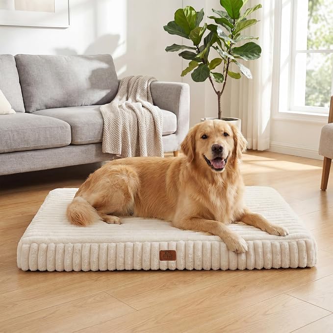 Orthopedic Dog Bed for Large Dog, Waterproof Pet Bed for Crate,Non-Slip Bottom and Egg-Crate Foam with Removable Washable Cover Crate Bed,Cream,35"x22"x3"