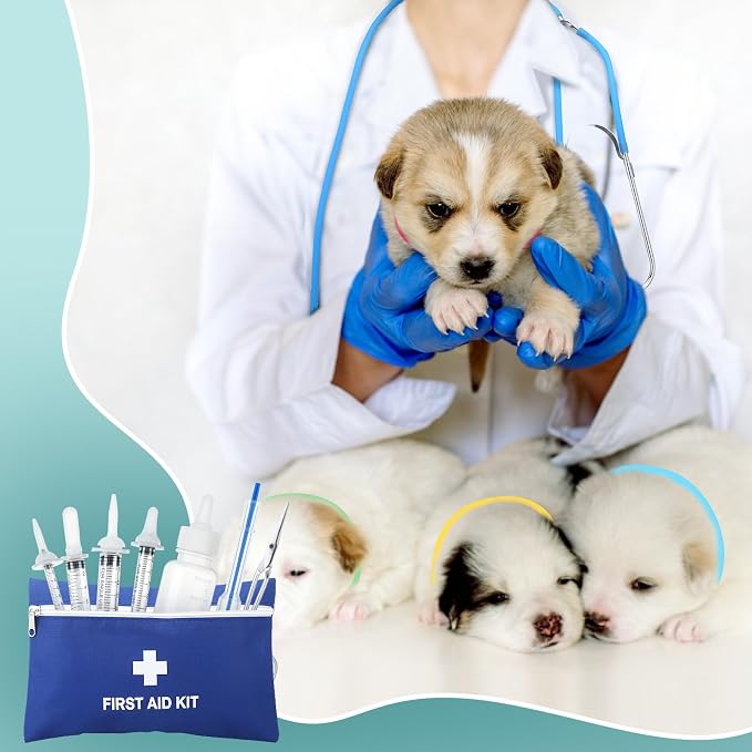 Newtay 62 Pcs Puppy Kitten Whelping Kit Include 4 Puppy Feeding Tube, 6 Charts, 15 Whelping Collars 15 Cord Clamps 15 Pee Pads Bulb Aspirator Syringe Bottle Scissors Stethoscope Bag Digital Pet Scale