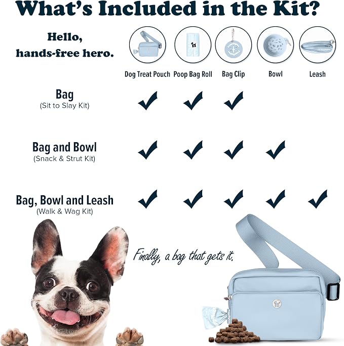 Puppington 3-in-1 Crossbody Dog Treat Pouch for Pet Training - Compostable Poop Bags, Built-In Poop Bag Dispenser, Slow-Feeding Travel Dog Bowl & Reflective Leash - Dog Walking Bag (Ice Blue)