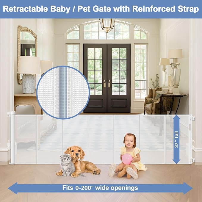 Reinforced 200 Inch Extra Long Dog Gate Indoor 37” Tall Outdoor Retractable Baby Gates for Doorways Extra Wide 16ft Bottom Anti-Crawl Indoor Extra Long Baby Gate Retractable Dog Fence/Barrier, White