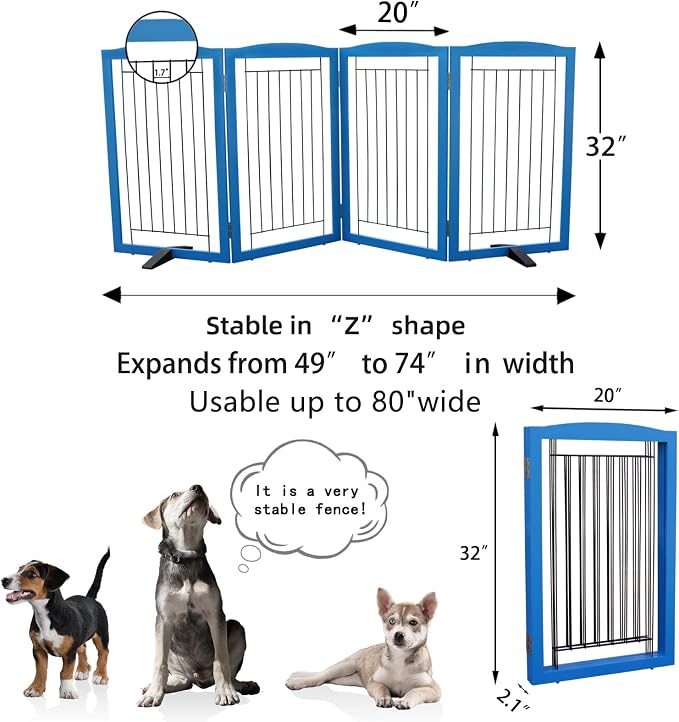 ZJSF Freestanding Dog Fence Indoor, Foldable Dog Gate for Doorways, Stairs or Hallways, Sturdy Wood Extra Wide Pet Gate with Support Feet for The House, Blue, 32 "Height-4 Panels