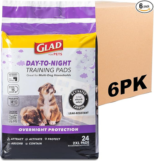 Glad for Pets Day to Night Activated Carbon Puppy Training Pads, Odor Control Disposable Dog Pads with Adhesive and Wall Protection, Leak Proof and Super Absorbent, 30 x 36 Inch, 24 Count - 6 Pack