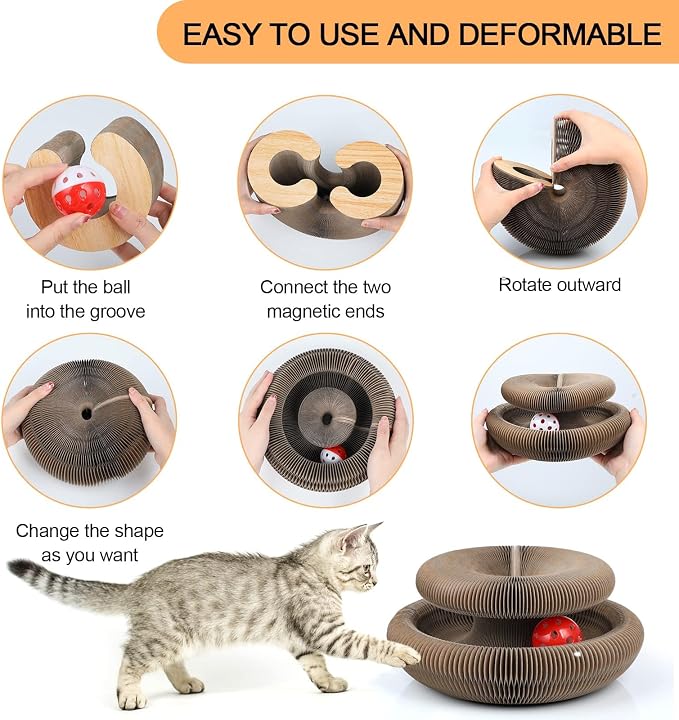 Simple Deluxe Interactive Scratch Toys with a Ball, Foldable Recyclable Magic Organ Cat Scratching Board, Cat Scratcher for Exercise & Anxiety Relief, Brown