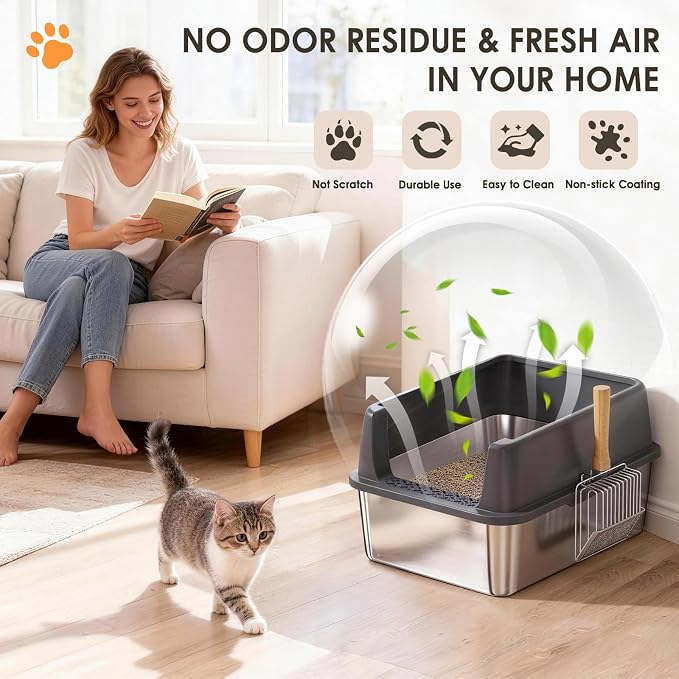 Stainless Steel Litter Box, 17.4'' x 13.5'' x 8.5'' Metal Kitty Litter Box for Small Cats Kitten High Sided Litter Boxs with Scoop Open Top Low Entry Easy to Clean Non-Sticky Anti-Leakage