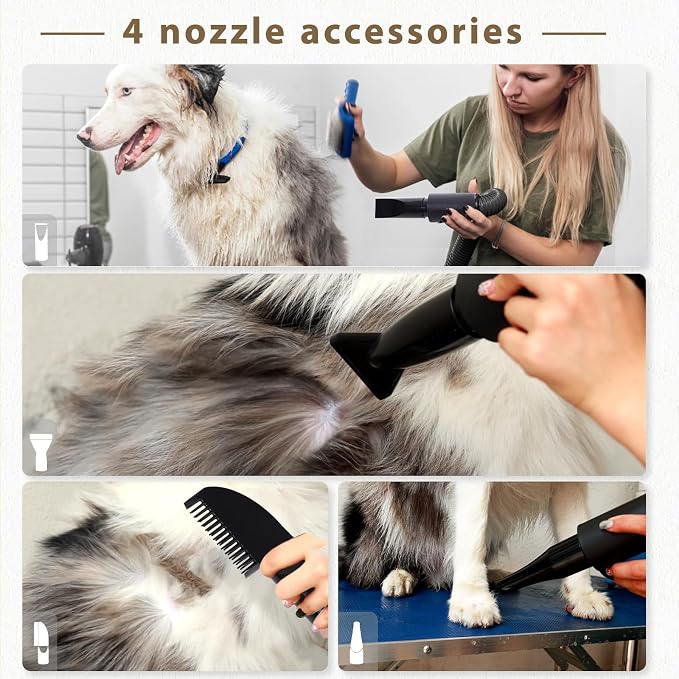Dog Hair Dryer, 5.2HP/3800W High Velocity Dog Blower Grooming Dryer, Speed & Temperature Adjustable Pet Hair Dog Blow Dryer with Thickened Heat Resistant Handle, 4 Nozzles + 1 Massage Brush, Black