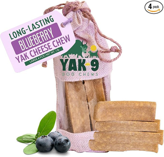 Yak9 Himalayan Yak Cheese Dog Chews, Blueberry | High Protein, Non Rawhide Dog Chews Long Lasting | Non GMO, Gluten Free, Grain Free Yak Milk Dog Chew | Large Size, 4 PC