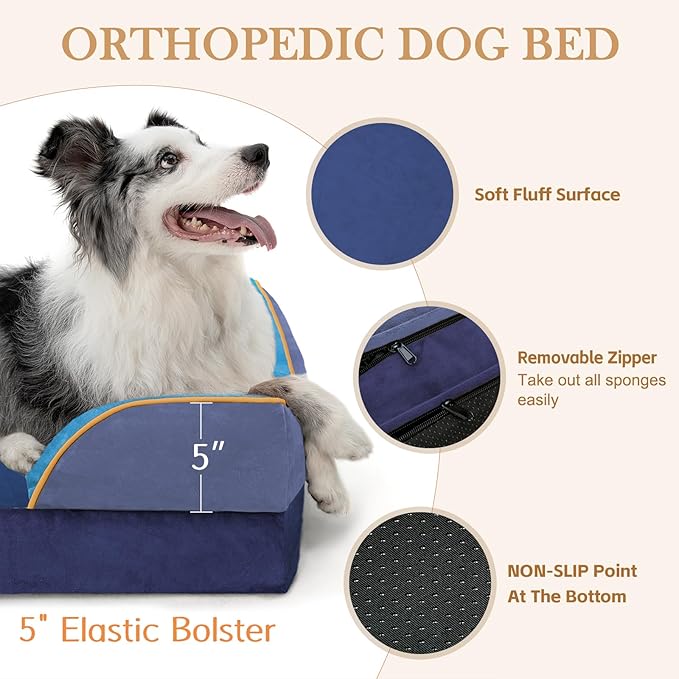Comfort Expression Orthopedic Dog Bed for Extra Large Dogs 42x30 Inch, Waterproof Egg Crate Foam XL Pet Bed with Bolsters, Dog Couch with Washable Cover & Non-Slip Bottom, Hidden Bay