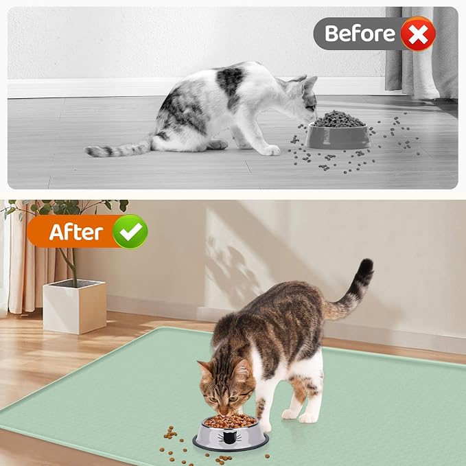 Cat Food Mat, 51" x 25.6" Extra Large Silicone Pet Feeding Mat with Raised Edge Pet Placemat for Food and Water Bowl Non-Slip, Easy to Clean, Floor Protection (Green)