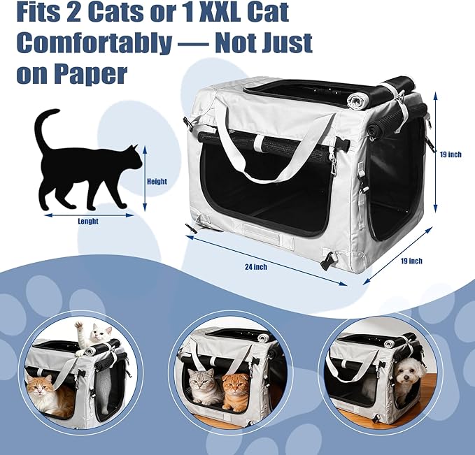 Extra Large Cat Carrier for Large Cats or 2 Small Cats - Soft-Sided Pet Carrier for Car Travel, Top Load, 4 Openings, Anti-Sag Iron Frame, Anti-Sagging pad, Zipper Lock Buckle, Foldable