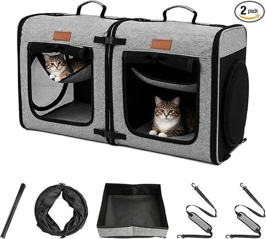 PETUX 2-in-1 Double Cat Travel Carrier with Play Tunnels | 32"x13"x17", Portable, Breathable, Soft Side Cat Carrier with Litter Box and Comfortable Hammock for Multiple Cats Traveling