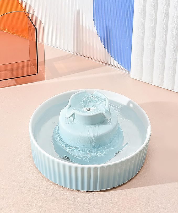 Ceramic Cat Water Fountain with 9 Filters 3 Sponge Cats Tower Water Dispenser 2.1L/71.02oz Dog Water Bowl Dispenser Cat Fountain for Cats Indoor Ultra Quiet Pump Pets Water Bottle Light Blue