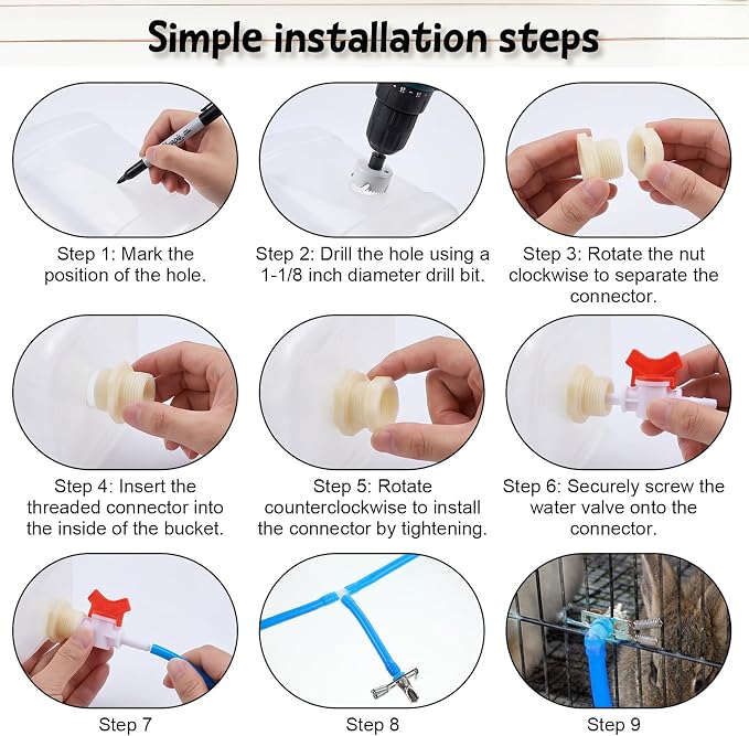 Automatic Rabbit Watering System Kit Include 16 Pcs Nipple Drinkers, 5/16" Hose, Barb Fittings to G1/2" Thread Connectors, T-Fittings, Springs, and Gaskets