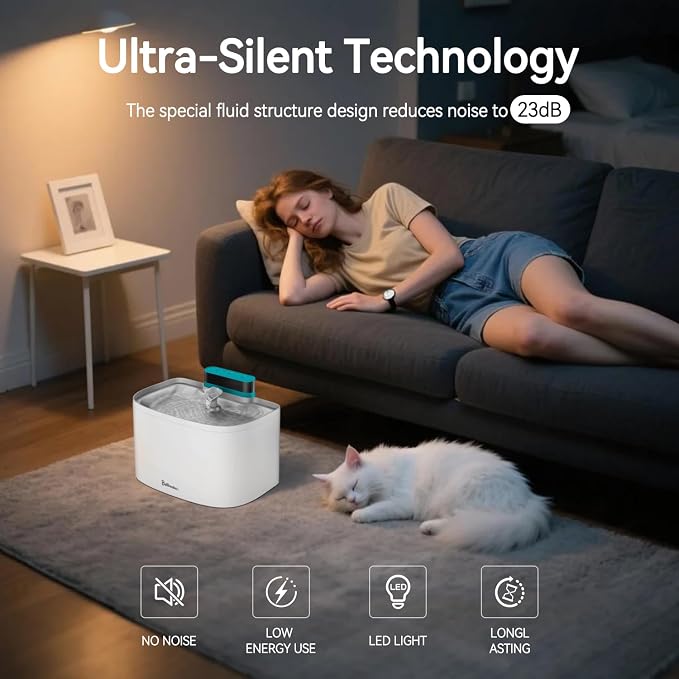 Cat Water Fountain, 122oz/3.6L Pumpless Wireless Cat Fountain, Cordless Water Fountains for Cats Indoor, Battery Operated Dog Pet Water Fountain with Stainless Steel Tray (White, Fountain+8 Fliters)