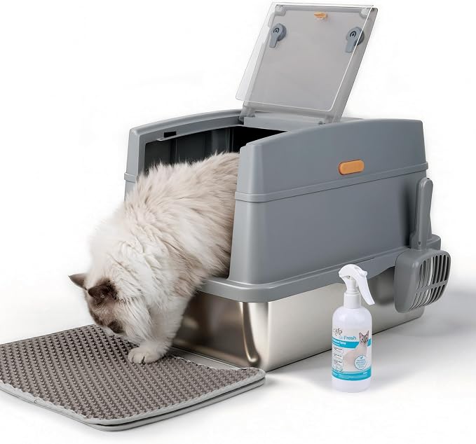 Large Stainless Steel Cat Litter Box with Lid, Enclosed High Sided Sifting Metal Litter Boxes with Scoop for XL Cats, Multicat, Non-Sticky, Anti-Leakage, Easy Cleaning, Grey