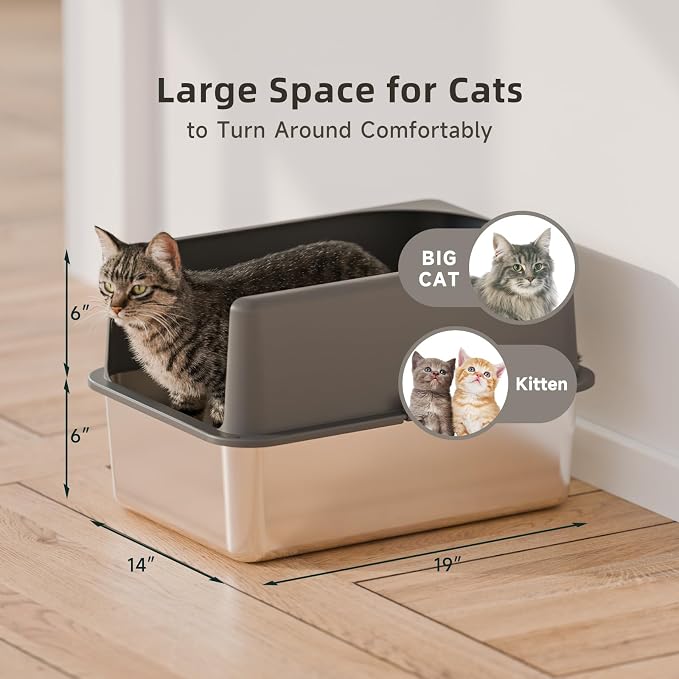 Booche High-Sided Stainless Steel Cat Litter Box,Stainless Steel Litter Box with Lid,Extra Medium Box,Easy-to-Clean Metal Litter Pan for Cats (20''L X 14''W X 12''H with Enclosure)
