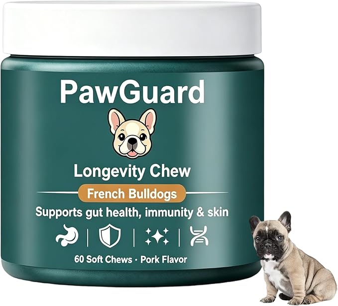 PawGuard French Bulldog Longevity Chews, Breed-Specific Formula for Gut Health, Skin & Coat, Immune System, Joint Mobility Pork Flavor, 60 Count Probiotics Chews (1 PC)