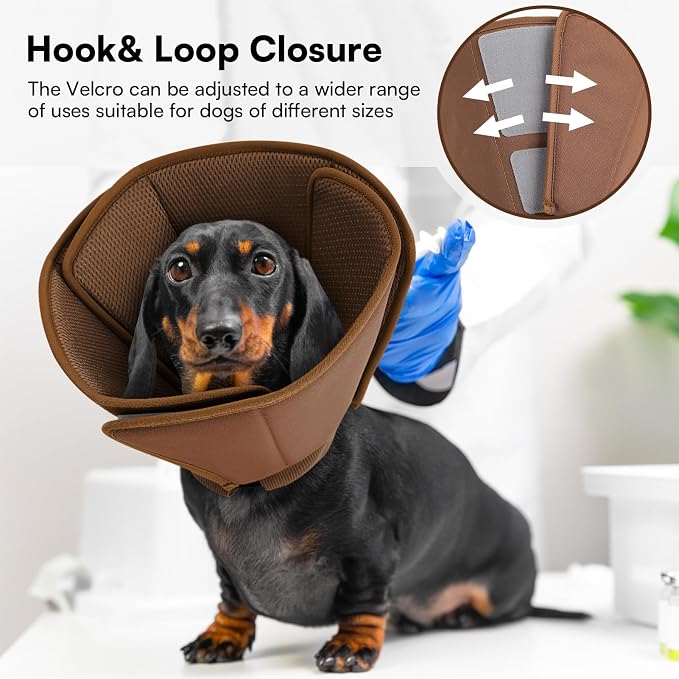Queennmore Soft Recovery Cone for Small Dogs & Cats,Adjustable Comfy Dog Cone Alternative for Post-Surgery Wound Healing,Coffee,S